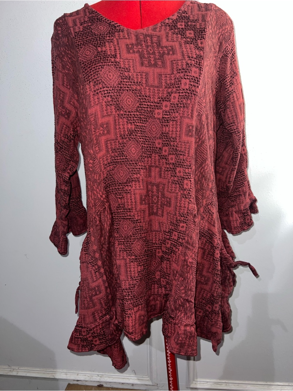 Chalet et Ceci Tamsy Boho Textured Ruffle Hem Dress Deep Rust Red XL-XXL